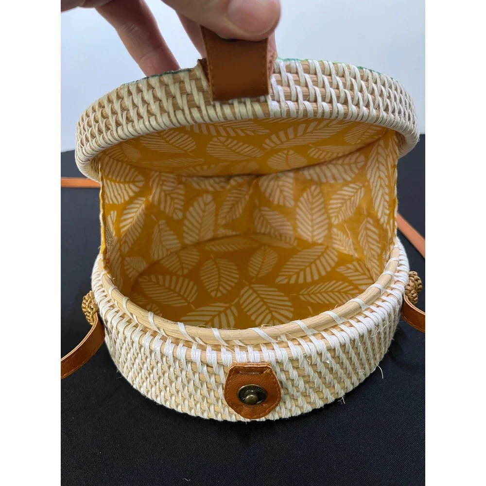 Tropical Floral Round Woven Rattan Crossbody Bag Hibiscus Monstera Straw Purse